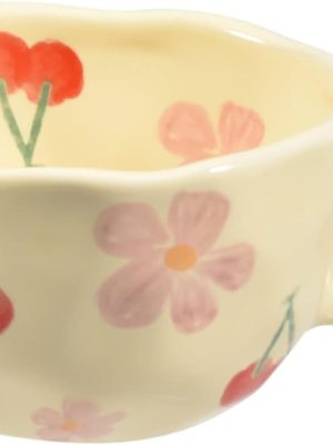 Ceramic coffee mug with a creative floral pattern, suitable for office and home use. Dishwasher and microwave safe. 8.5 oz/250 ml capacity, perfect for lattes, tea, milk, and other beverages (pink cherry).