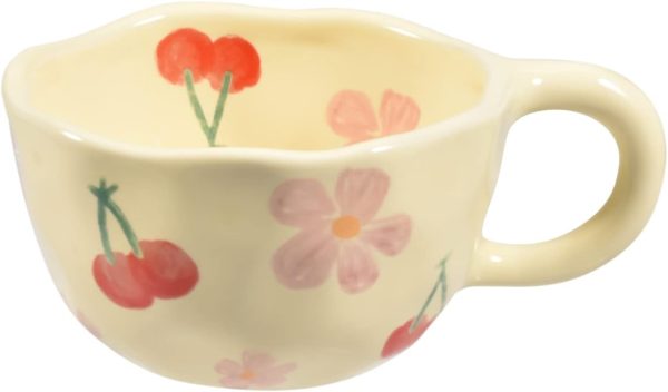 Ceramic coffee mug with a creative floral pattern, suitable for office and home use. Dishwasher and microwave safe. 8.5 oz/250 ml capacity, perfect for lattes, tea, milk, and other beverages (pink cherry).