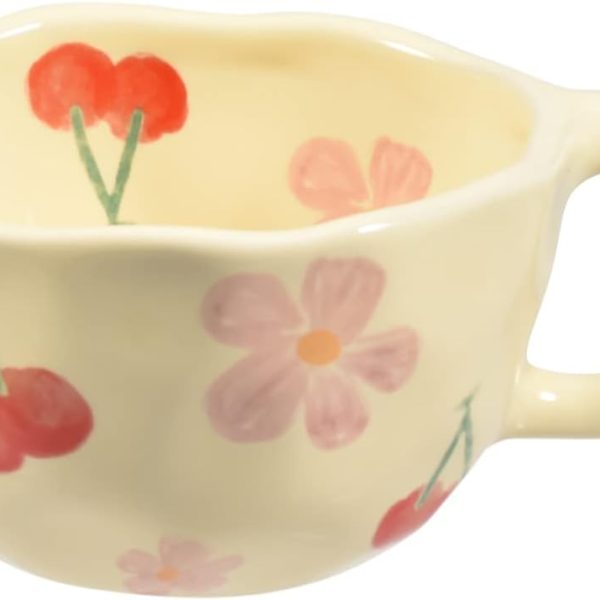 Ceramic coffee mug with a creative floral pattern, suitable for office and home use. Dishwasher and microwave safe. 8.5 oz/250 ml capacity, perfect for lattes, tea, milk, and other beverages (pink cherry).