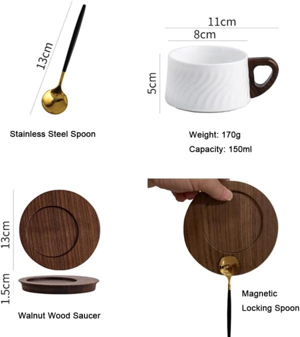 White teacup and saucer set, ceramic espresso cup with wooden saucer, stainless steel spoon, 6 oz.