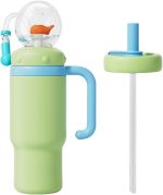 Drinking Cup with Whale Squirt, Stainless Steel Whale Fountain Tumbler, Whales Spray Straw Sippy Cups Water Bottle with Two Lids 24oz for Kids & Adults, Green