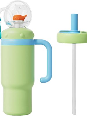 Drinking Cup with Whale Squirt, Stainless Steel Whale Fountain Tumbler, Whales Spray Straw Sippy Cups Water Bottle with Two Lids 24oz for Kids & Adults, Green