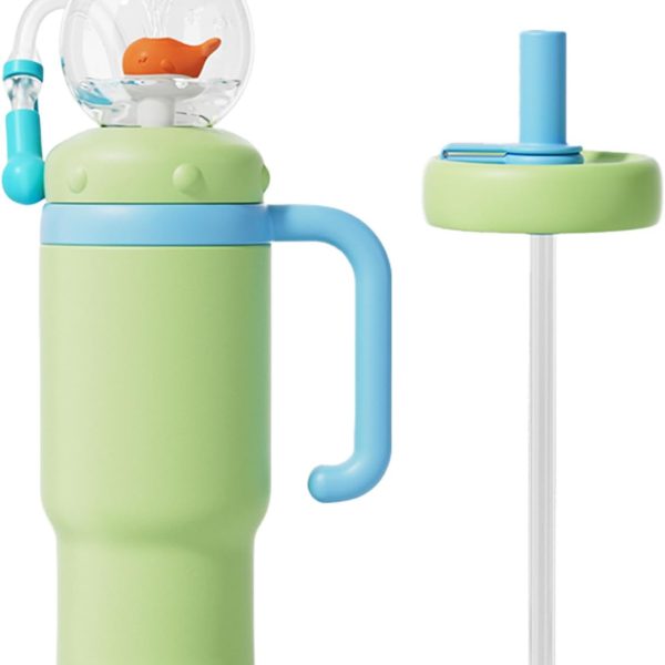 Drinking Cup with Whale Squirt, Stainless Steel Whale Fountain Tumbler, Whales Spray Straw Sippy Cups Water Bottle with Two Lids 24oz for Kids & Adults, Green