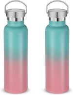 20 oz Insulated Water Bottles Bulk 2 Pack,Stainless Steel Double Wall Sport Bottle with Lid of Handle,Metal Reusable es Flask for School,Cyclists,Hikers,Gift (Green-Pink,Set of 2)