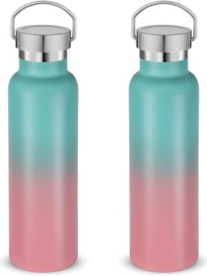 20 oz Insulated Water Bottles Bulk 2 Pack,Stainless Steel Double Wall Sport Bottle with Lid of Handle,Metal Reusable es Flask for School,Cyclists,Hikers,Gift (Green-Pink,Set of 2)