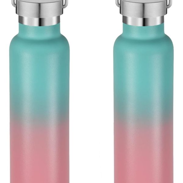 20 oz Insulated Water Bottles Bulk 2 Pack,Stainless Steel Double Wall Sport Bottle with Lid of Handle,Metal Reusable es Flask for School,Cyclists,Hikers,Gift (Green-Pink,Set of 2)