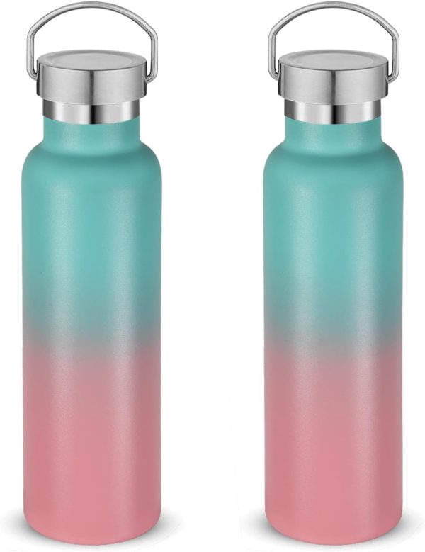 20 oz Insulated Water Bottles Bulk 2 Pack,Stainless Steel Double Wall Sport Bottle with Lid of Handle,Metal Reusable es Flask for School,Cyclists,Hikers,Gift (Green-Pink,Set of 2)