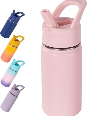 12oz Kids Water Bottle for School, Toddler Bottles with Straws, Stainless Steel Vacuum Insulated Water Bottle for Boys&Girls, Leak-Proof, BPA-Free, Pink