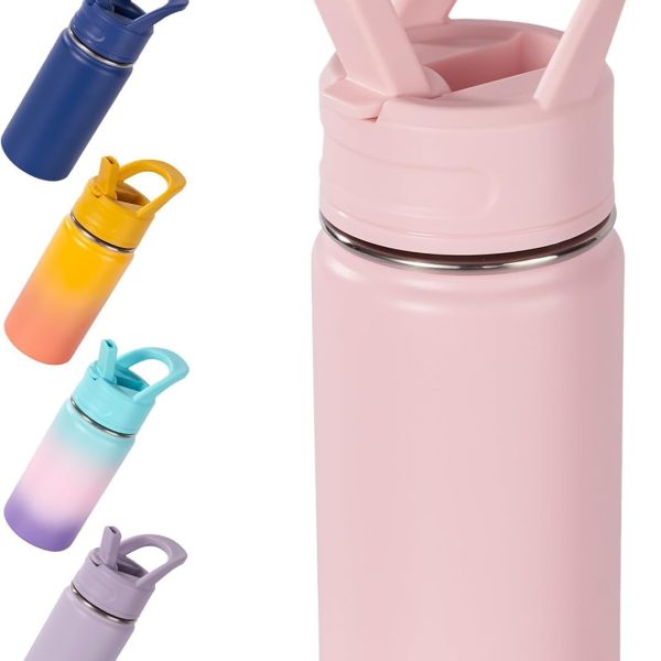 12oz Kids Water Bottle for School, Toddler Bottles with Straws, Stainless Steel Vacuum Insulated Water Bottle for Boys&Girls, Leak-Proof, BPA-Free, Pink
