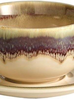 Retro design 12 oz ceramic latte art cappuccino barista mug with saucer (brown)