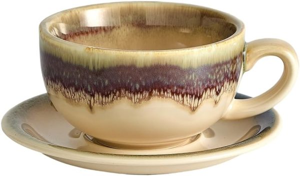 Retro design 12 oz ceramic latte art cappuccino barista mug with saucer (brown)