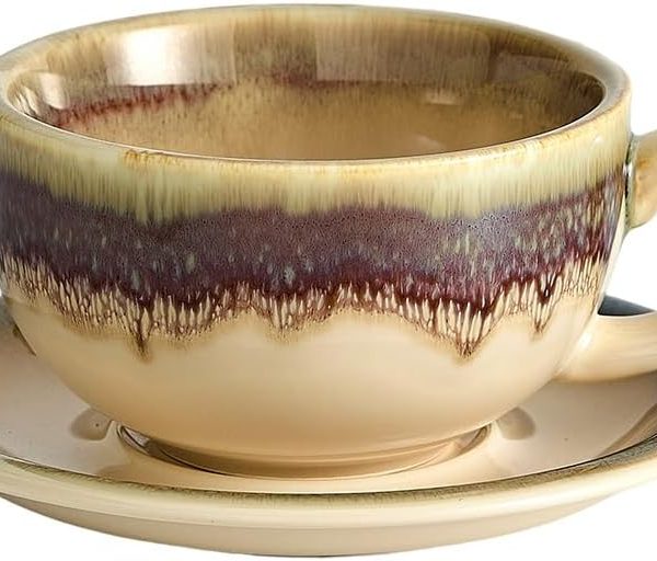 Retro design 12 oz ceramic latte art cappuccino barista mug with saucer (brown)