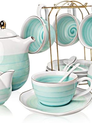 Porcelain Tea Sets, 8 OZ Cups & Saucer Service for 4, Teapot Sugar Bowl Cream Pitcher Teaspoons and Tea Strainer for Adult Tea Coffee Afternoon Party(Blue)