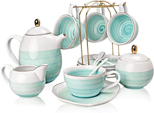 Porcelain Tea Sets, 8 OZ Cups & Saucer Service for 4, Teapot Sugar Bowl Cream Pitcher Teaspoons and Tea Strainer for Adult Tea Coffee Afternoon Party(Blue)