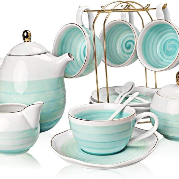 Porcelain Tea Sets, 8 OZ Cups & Saucer Service for 4, Teapot Sugar Bowl Cream Pitcher Teaspoons and Tea Strainer for Adult Tea Coffee Afternoon Party(Blue)