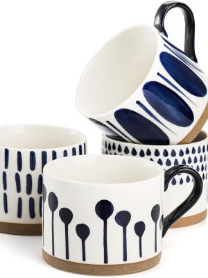 4-Piece Large Ceramic Drinking Cup Set, 15 oz, Vintage Glazed Porcelain