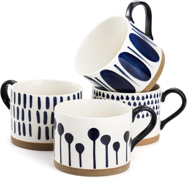 4-Piece Large Ceramic Drinking Cup Set, 15 oz, Vintage Glazed Porcelain