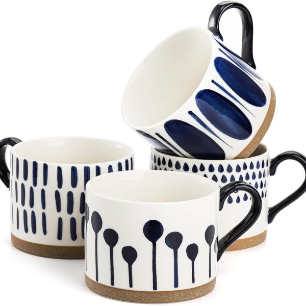 4-Piece Large Ceramic Drinking Cup Set, 15 oz, Vintage Glazed Porcelain