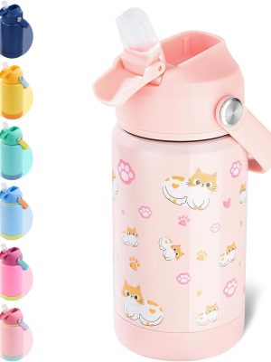 12oz Kids Water Bottle, Stainless Steel Insulated Water Bottle For Kids, Toddler Cup With Straws Leak-proof, Kids Water Bottles For School Boys Girls, BPA Free, Kitty