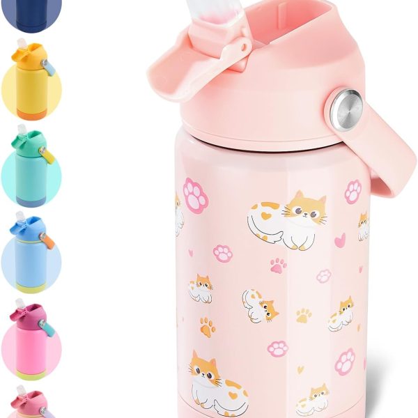 12oz Kids Water Bottle, Stainless Steel Insulated Water Bottle For Kids, Toddler Cup With Straws Leak-proof, Kids Water Bottles For School Boys Girls, BPA Free, Kitty