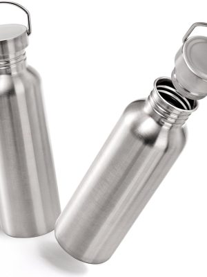 2 Pack Stainless Steel Sports Water Bottles, 26OZ Single Walled 18/8 Stainless Steel Water Bottle with Handle, Uninsulate Metal Water Bottle for Cyclists, Runners, Hikers, Beach Goers, Picnics