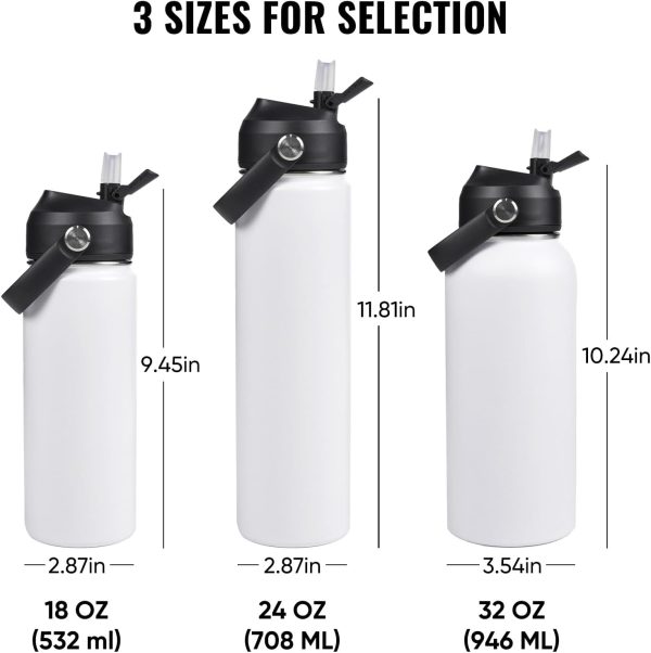 18oz Insulated Stainless Steel Water Bottle, Wide Mouth Double Wall Vacuum, Silicone Straw, Sweat & Leak Proof, BPA Free Insulated Water Flask for Travel, Keep Cold 24h Hot 12h, White