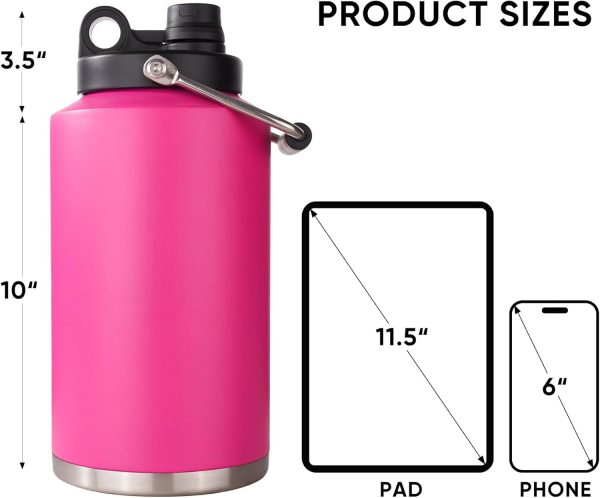 Insulated Gallon Jug with Handle, One Gallon, 128oz Stainless Steel, Large Double Vacuum Water Bottle for Hot & Cold Drinks, Wide Mouth, Sweat Proof, Great for Travel, Camping, Pink