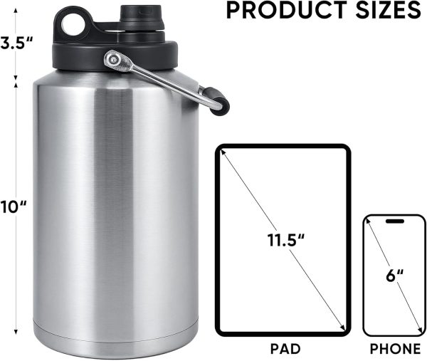 Insulated Gallon Jug with Handle, One Gallon, 128oz Stainless Steel, Large Double Vacuum Water Bottle for Hot & Cold Drinks, Wide Mouth, Sweat Proof, Great for Travel, Camping, Stainless
