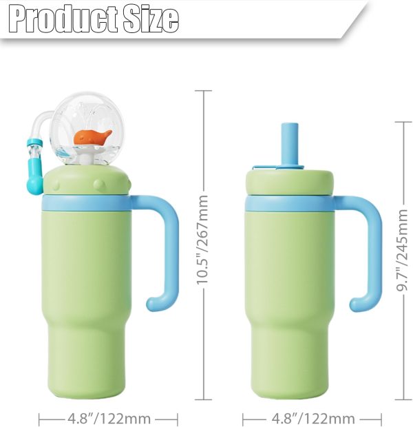 Drinking Cup with Whale Squirt, Stainless Steel Whale Fountain Tumbler, Whales Spray Straw Sippy Cups Water Bottle with Two Lids 24oz for Kids & Adults, Green
