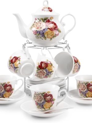 Tea Sets 20-Piece Coffee (7oz) Tea Cup Set Ceramic Vintage Flower  Style,Tea Set for Women Tea Party Afternoon (28oz) Teapot Set Tea Supplies Tea Cup and Saucer Set