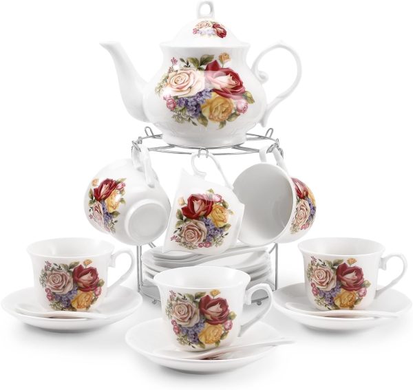 Tea Sets 20-Piece Coffee (7oz) Tea Cup Set Ceramic Vintage Flower Style,Tea Set for Women Tea Party Afternoon (28oz) Teapot Set Tea Supplies Tea Cup and Saucer Set