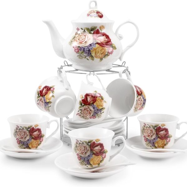 Tea Sets 20-Piece Coffee (7oz) Tea Cup Set Ceramic Vintage Flower Style,Tea Set for Women Tea Party Afternoon (28oz) Teapot Set Tea Supplies Tea Cup and Saucer Set