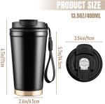 Insulated Travel Coffee Mug, 13oz Leakproof Coffee Tumblers With Strap & 2-In-1 Lids, Vacuum-Insulated Stainless Steel Reusable Coffee Cup For Hot & Cold Drinks(Black)