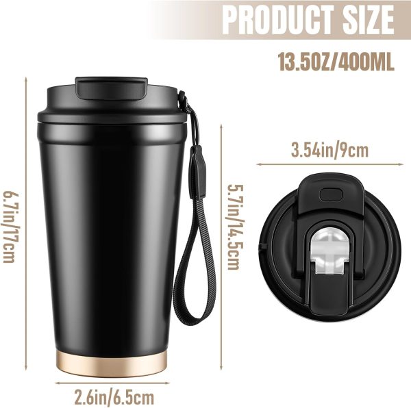 Insulated Travel Coffee Mug, 13oz Leakproof Coffee Tumblers With Strap & 2-In-1 Lids, Vacuum-Insulated Stainless Steel Reusable Coffee Cup For Hot & Cold Drinks(Black)
