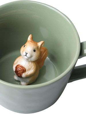 Squirrel ceramic mug with a hidden 3D animal design, an adorable cartoon handmade mug, perfect for holidays and birthdays, and an ideal choice for coffee and milk tea lovers, 12 oz (light green).
