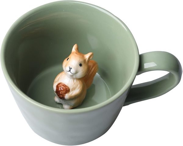 Squirrel ceramic mug with a hidden 3D animal design, an adorable cartoon handmade mug, perfect for holidays and birthdays, and an ideal choice for coffee and milk tea lovers, 12 oz (light green).