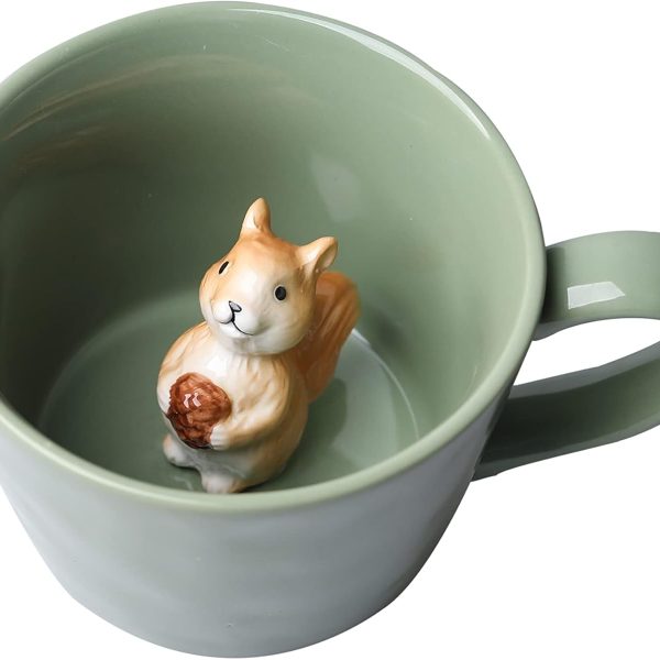 Squirrel ceramic mug with a hidden 3D animal design, an adorable cartoon handmade mug, perfect for holidays and birthdays, and an ideal choice for coffee and milk tea lovers, 12 oz (light green).