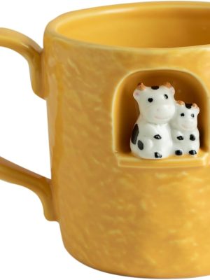 Ceramic coffee mug, family-themed gift, handmade teacup with cow design for parents and children, with windowsill sculpture, perfect gift for Father's Day, Mother's Day, and birthdays (14 oz).