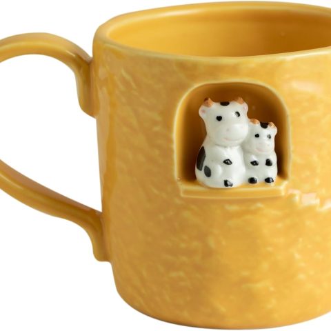 Ceramic coffee mug, family-themed gift, handmade teacup with cow design for parents and children, with windowsill sculpture, perfect gift for Father's Day, Mother's Day, and birthdays (14 oz).