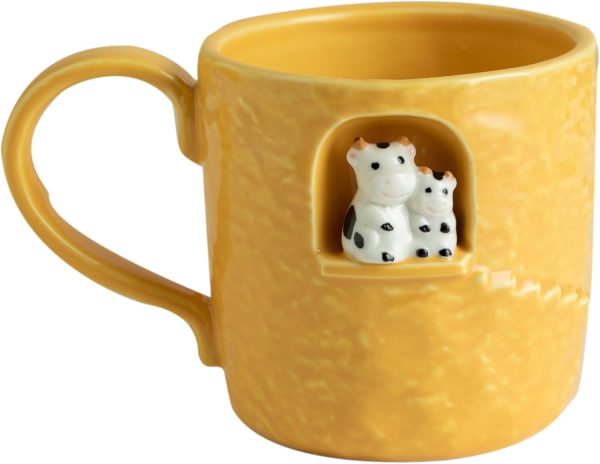 Ceramic coffee mug, family-themed gift, handmade teacup with cow design for parents and children, with windowsill sculpture, perfect gift for Father's Day, Mother's Day, and birthdays (14 oz).