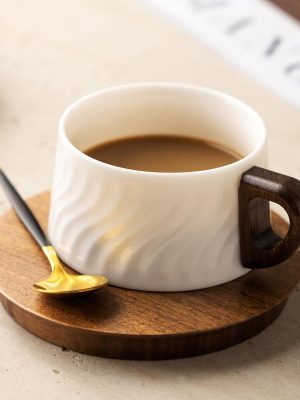 White teacup and saucer set, ceramic espresso cup with wooden saucer, stainless steel spoon, 6 oz.