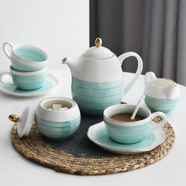 Porcelain Tea Sets, 8 OZ Cups & Saucer Service for 4, Teapot Sugar Bowl Cream Pitcher Teaspoons and Tea Strainer for Adult Tea Coffee Afternoon Party(Blue)