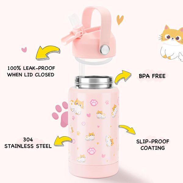 12oz Kids Water Bottle, Stainless Steel Insulated Water Bottle For Kids, Toddler Cup With Straws Leak-proof, Kids Water Bottles For School Boys Girls, BPA Free, Kitty
