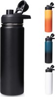 24 oz Insulated Water Bottle with Handle, 304 Stainless Steel Water Bottles with Wide Mouth, Double Wall Vacuum Sports Water Bottle, BPA Free, Keep Cold and Hot, Black