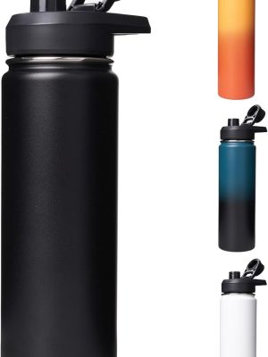 24 oz Insulated Water Bottle with Handle, 304 Stainless Steel Water Bottles with Wide Mouth, Double Wall Vacuum Sports Water Bottle, BPA Free, Keep Cold and Hot, Black