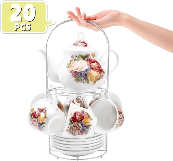 Tea Sets 20-Piece Coffee (7oz) Tea Cup Set Ceramic Vintage Flower Style,Tea Set for Women Tea Party Afternoon (28oz) Teapot Set Tea Supplies Tea Cup and Saucer Set