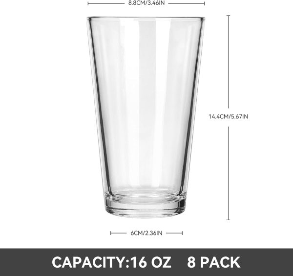 8pcs 16oz Beer Pint Glasses, Drinking Glasses Set of 8 Highball Glasses Water Cups for Cold Beverages