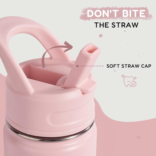12oz Kids Water Bottle for School, Toddler Bottles with Straws, Stainless Steel Vacuum Insulated Water Bottle for Boys&Girls, Leak-Proof, BPA-Free, Pink