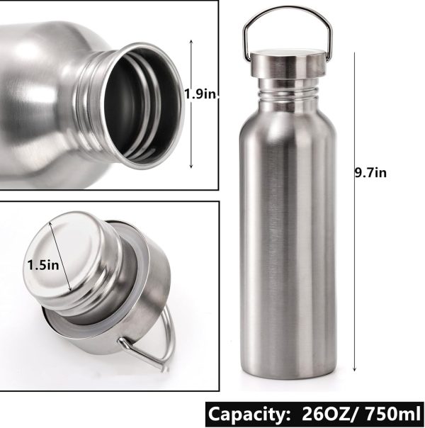 2 Pack Stainless Steel Sports Water Bottles, 26OZ Single Walled 18/8 Stainless Steel Water Bottle with Handle, Uninsulate Metal Water Bottle for Cyclists, Runners, Hikers, Beach Goers, Picnics
