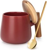 14 oz Ceramic Drinking Cup, with Lid and Spoon (Matte Red)